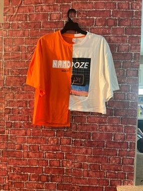 SHEIN Orange & White Split-Hem Graphic Crop Tee (Rm86)